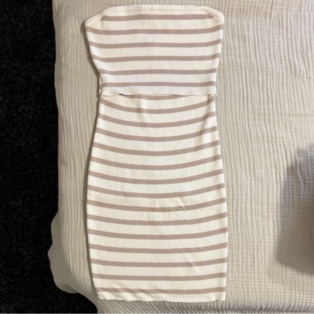 Windsor Striped Strapless Dress - Cream and Brown